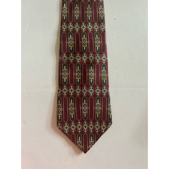 Savile Row Tie 100% Silk Men's Geometric Pattern Wine Burgundy Gold Blue - Picture 5 of 6